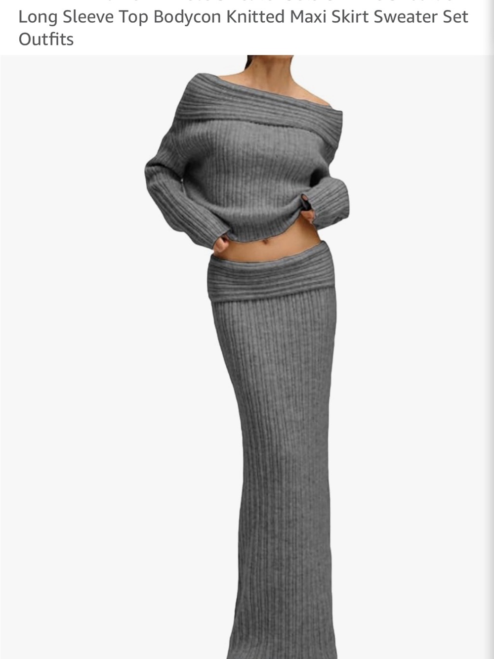 Amazon Gray Ribbed Knit Off-Shoulder Sweater Top and Maxi Skirt Set